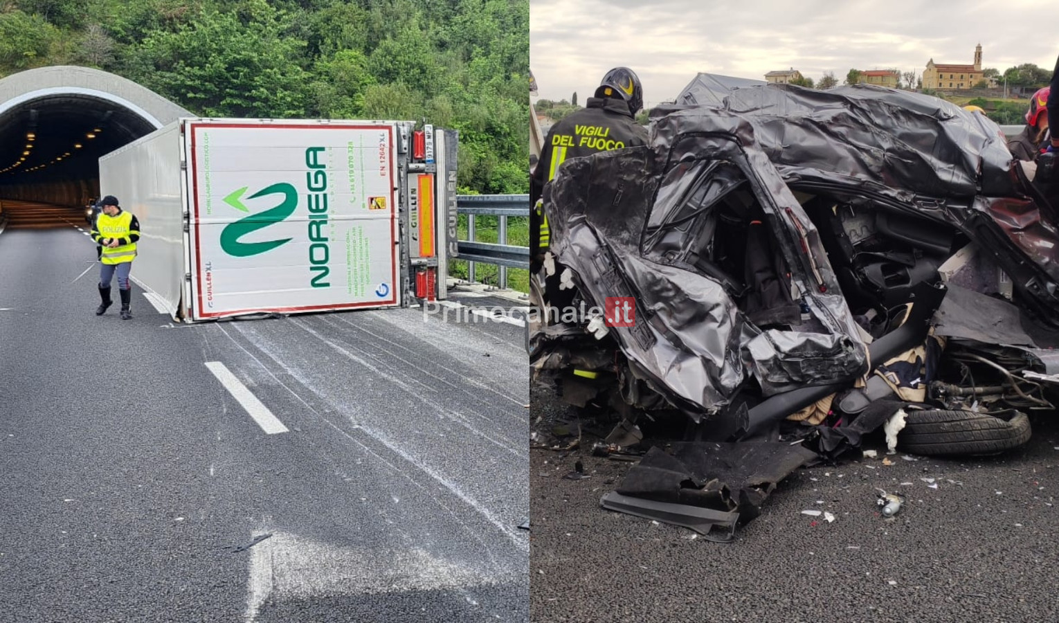 Inferno sulla A10, camion si ribalta e travolge auto: due morti