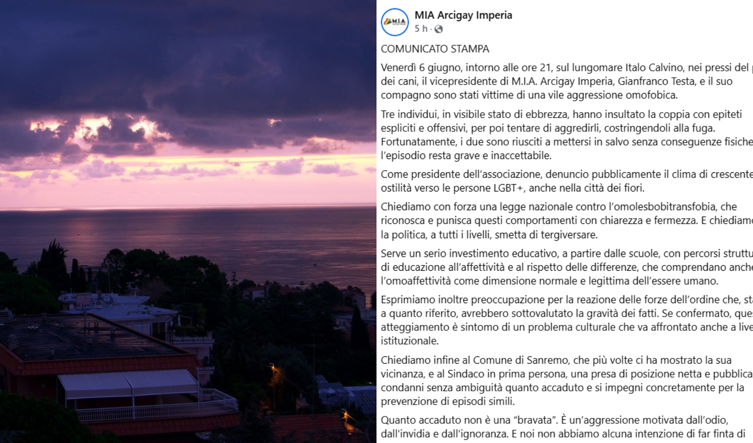 Tentata aggressione omofoba sul lungomare di Sanremo: la denuncia