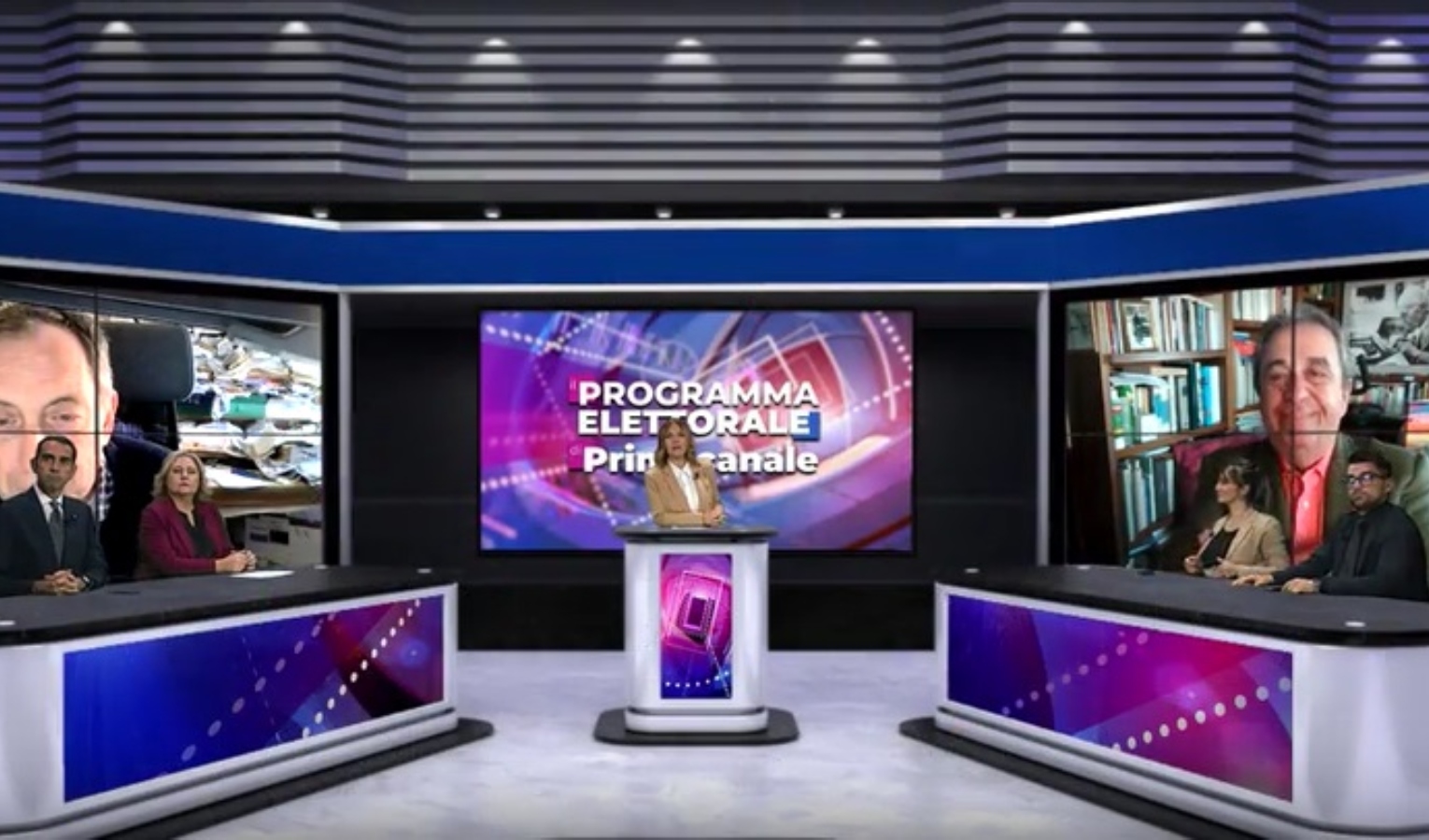 Persone in piedi, sedute, collegate in uno studio televisivo