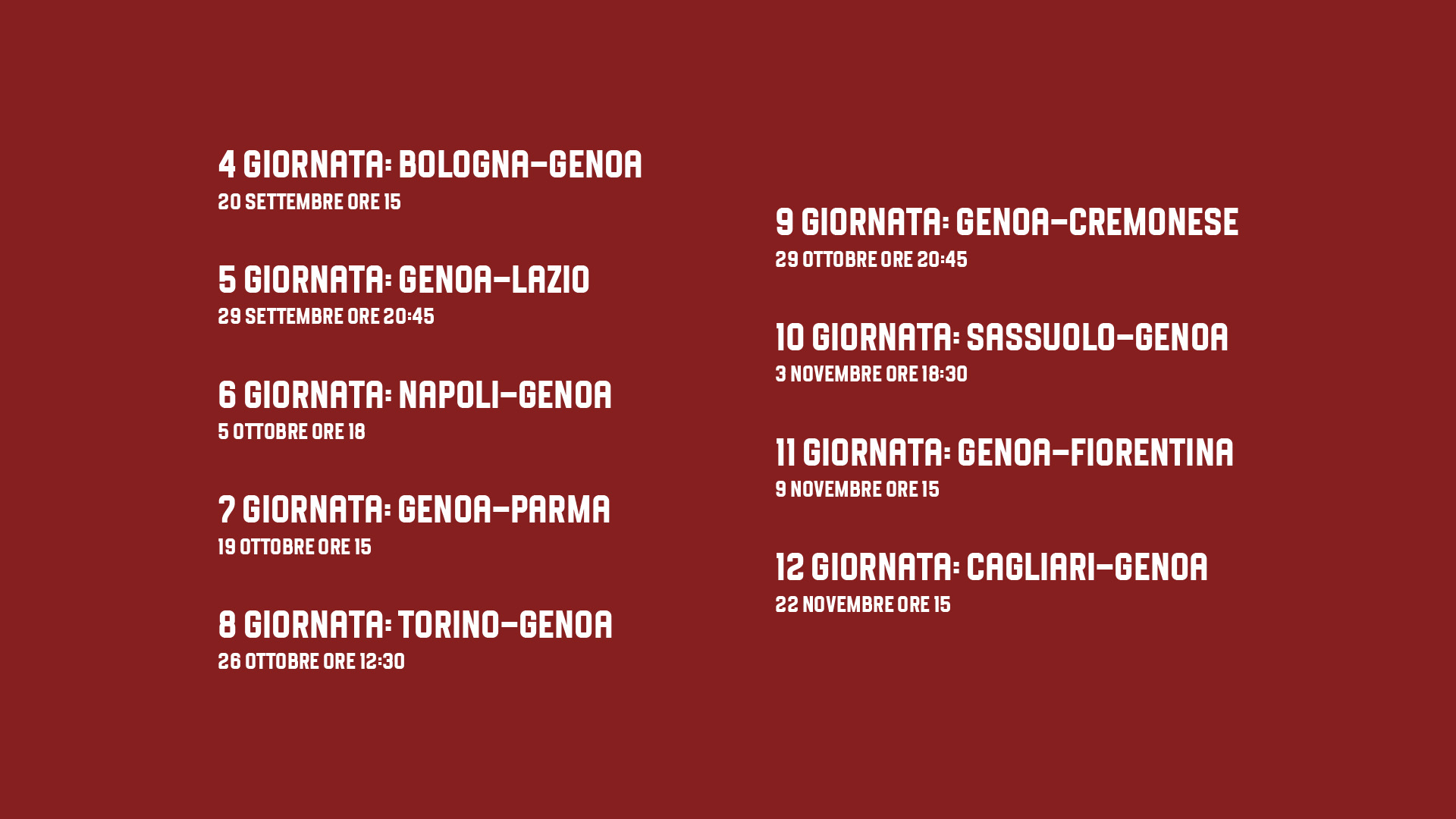 Genoa, date e orari dalla quarta alla dodicesima giornata