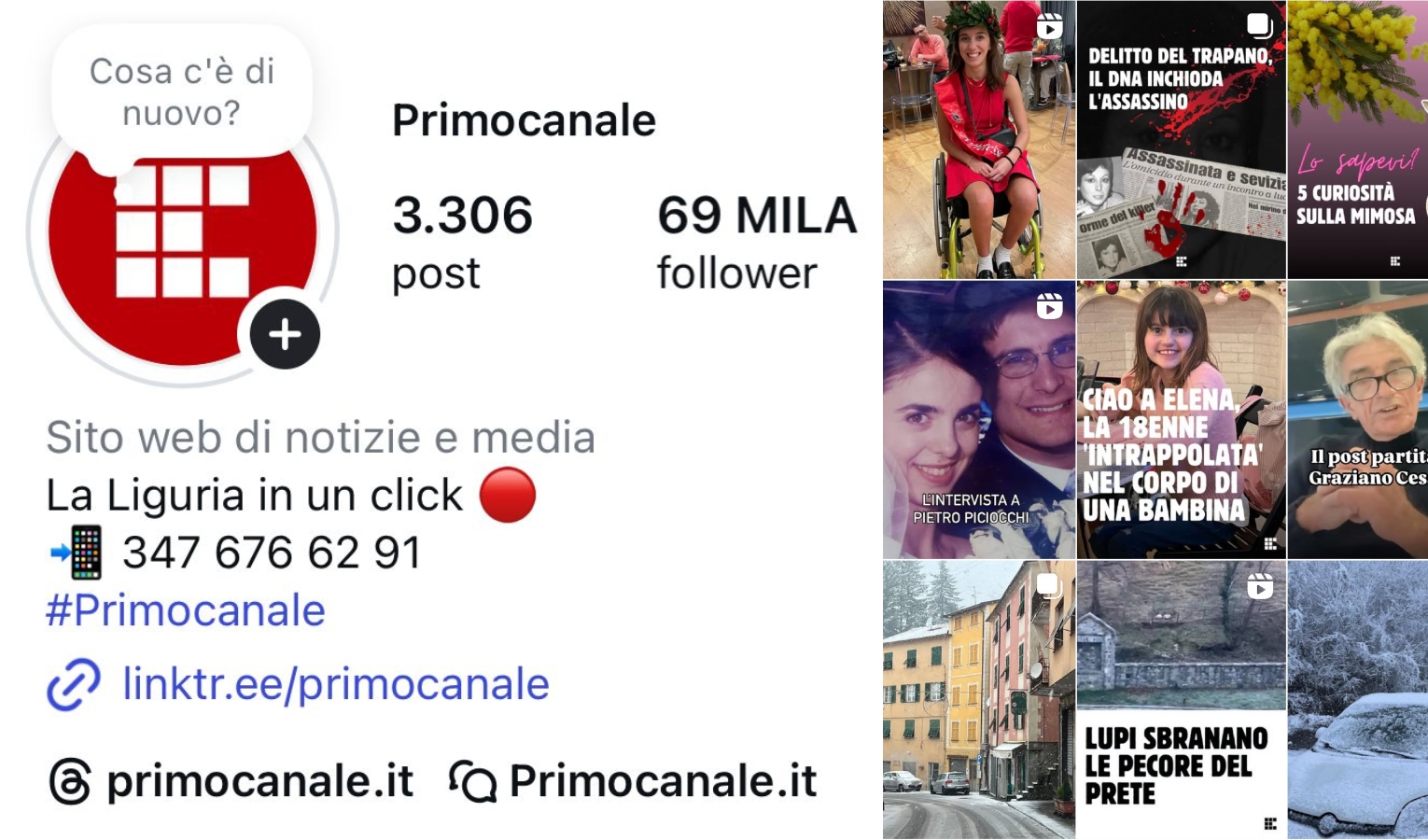 Un collage di due foto: a sinistra il profilo Instagram di Primocanale, a destra una parte del feed con i diversi post pubblicati