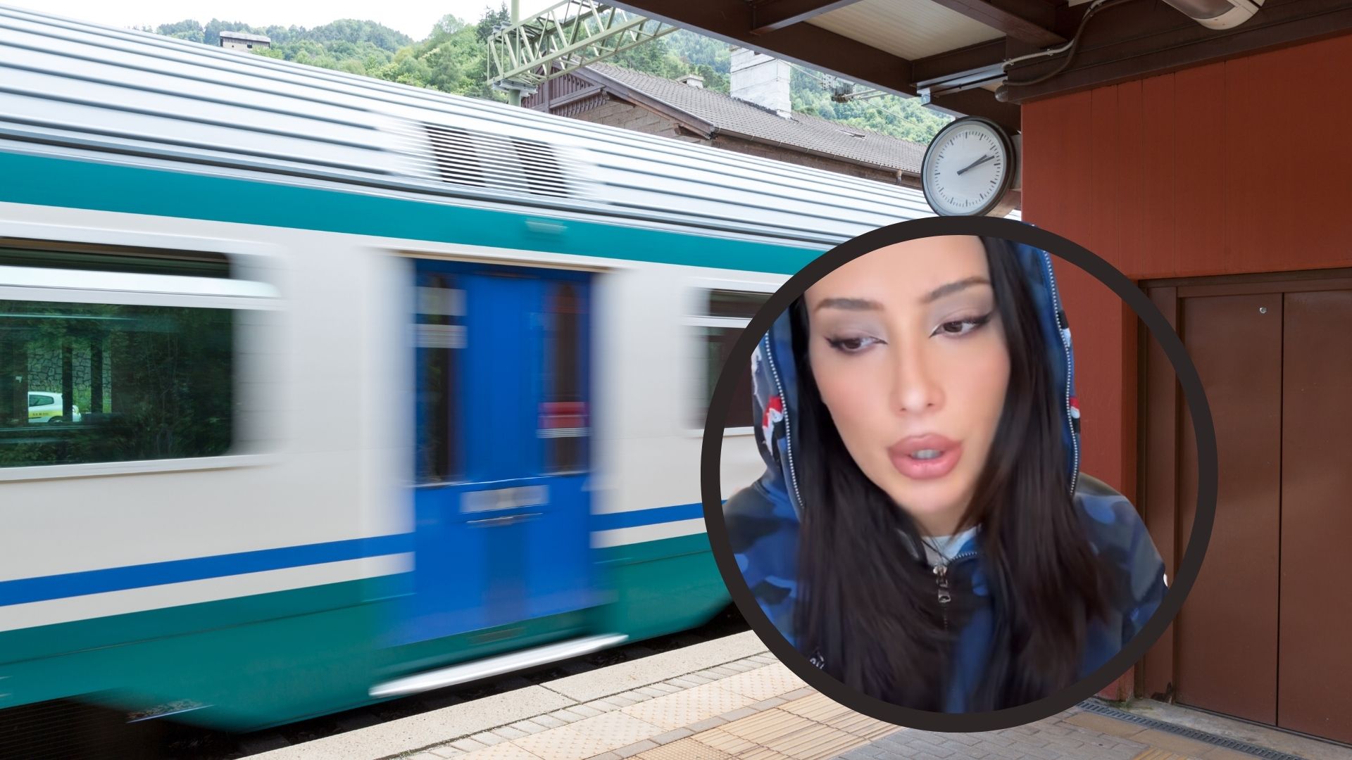 Treno che passa, in sovraimpressione una donna