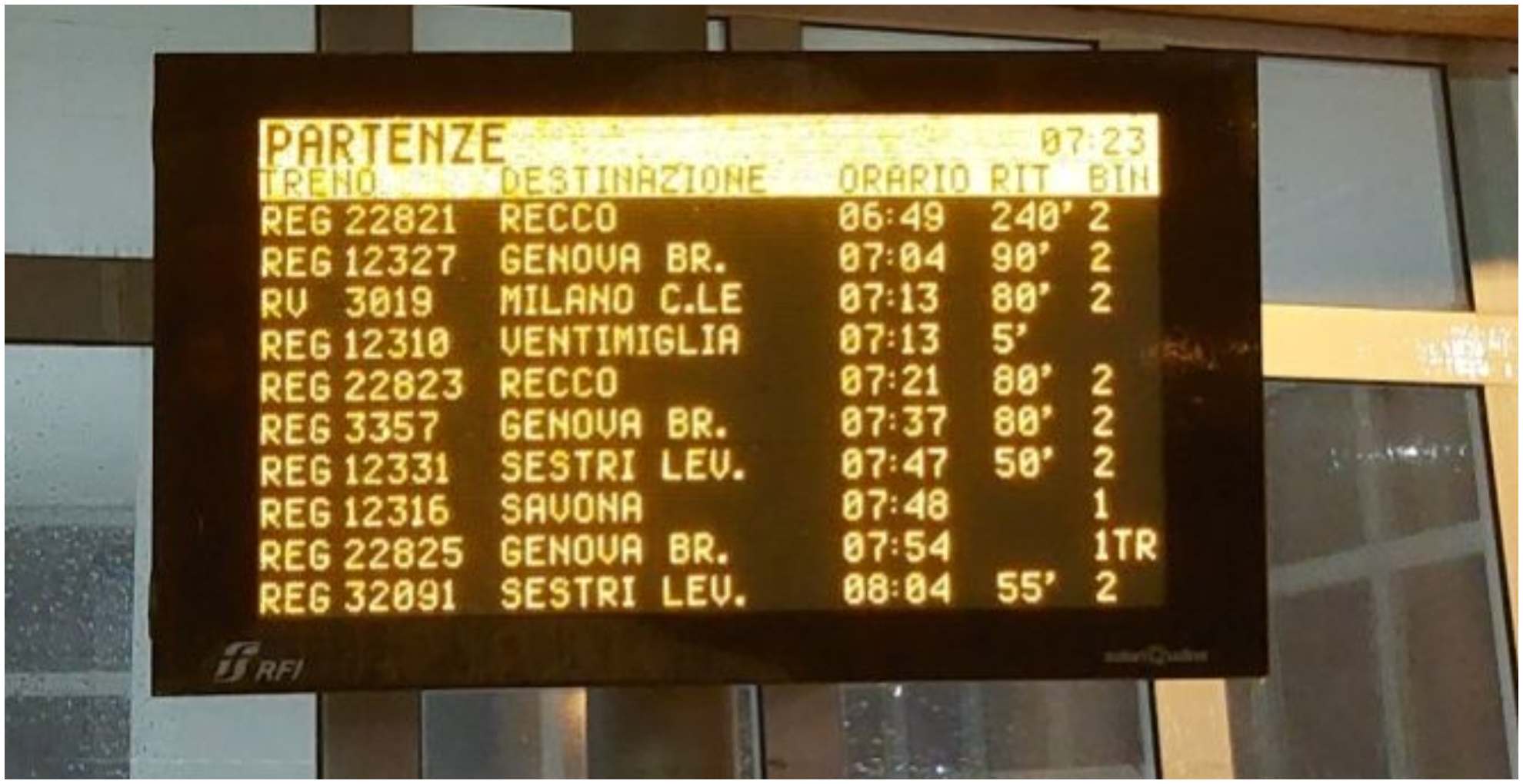 Un tabellone del treno con i ritardi