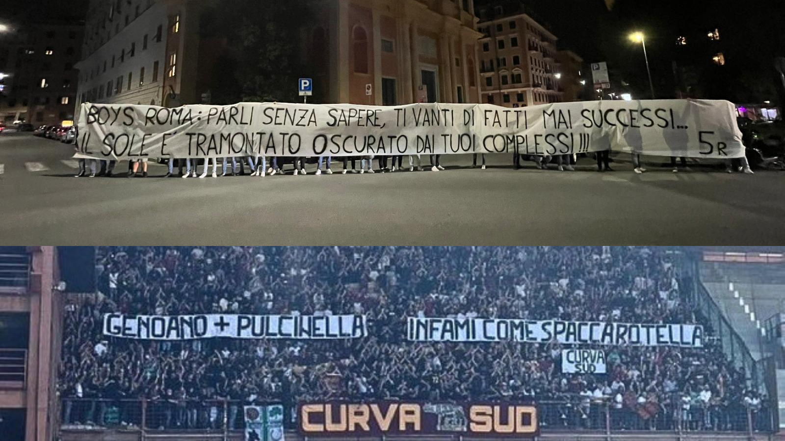 Derby Genoa Samp: striscione contro Boys Roma dei genoani in piazza Alimonda