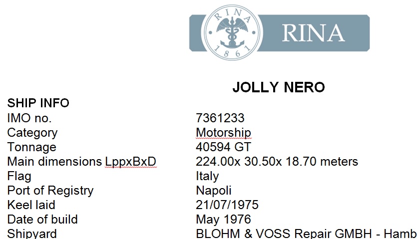 Jolly Nero, il RINA: 