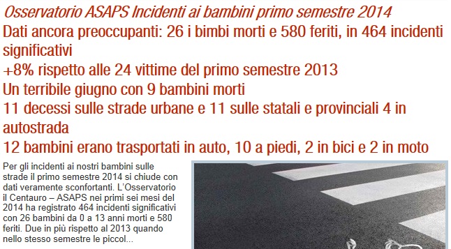 Incidenti stradali, indagine Asaps: 26 bimbi morti nel primo semestre: 