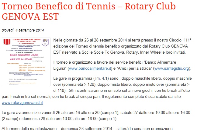 Al Tennis Club Genova torneo a favore del Banco Alimentare e di Santegidio 