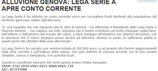 Alluvione, dalla Lega Calcio 200mila euro: aperto il conto corrente 