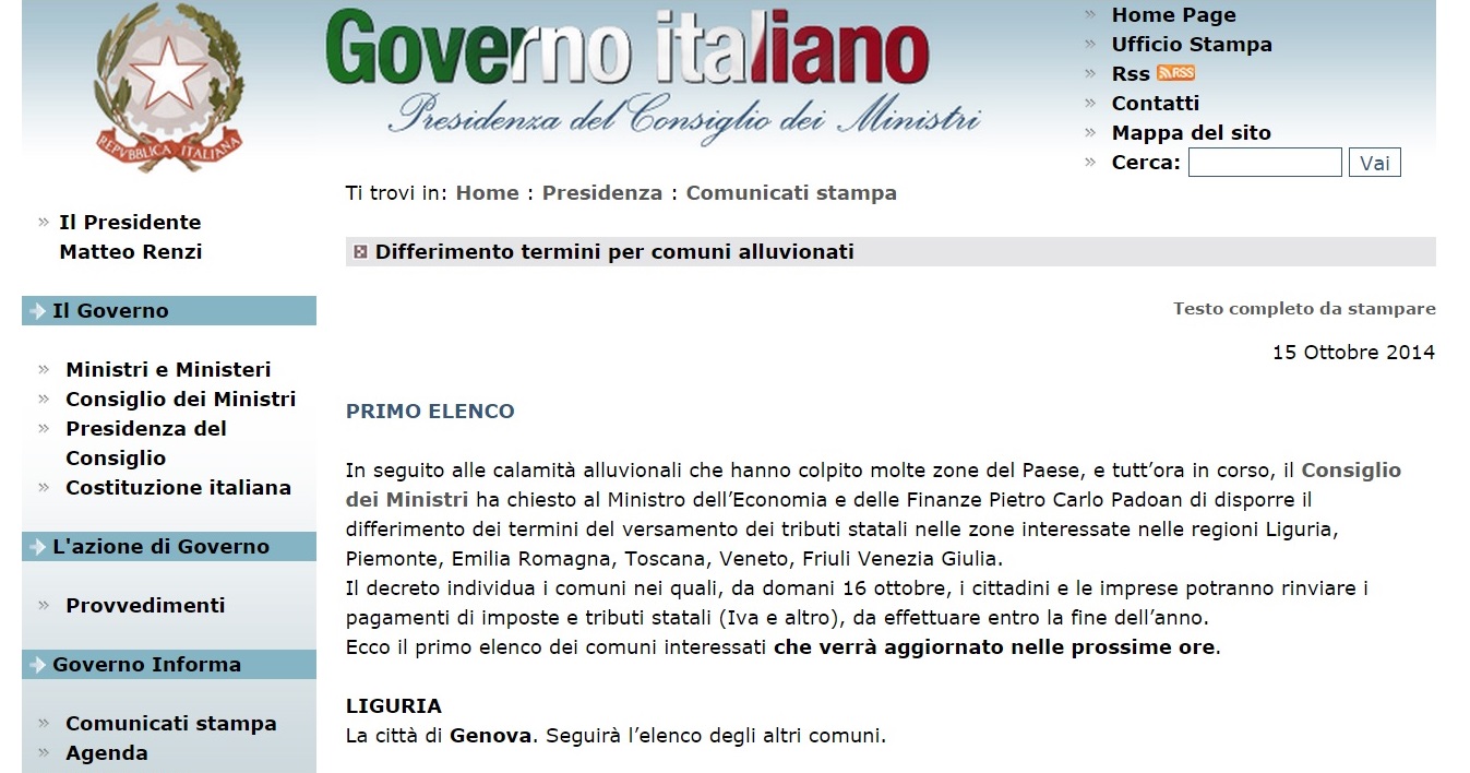 Sospensione dei tributi statali agli alluvionati: il mondo economico scrive a Renzi, Burlando e Doria