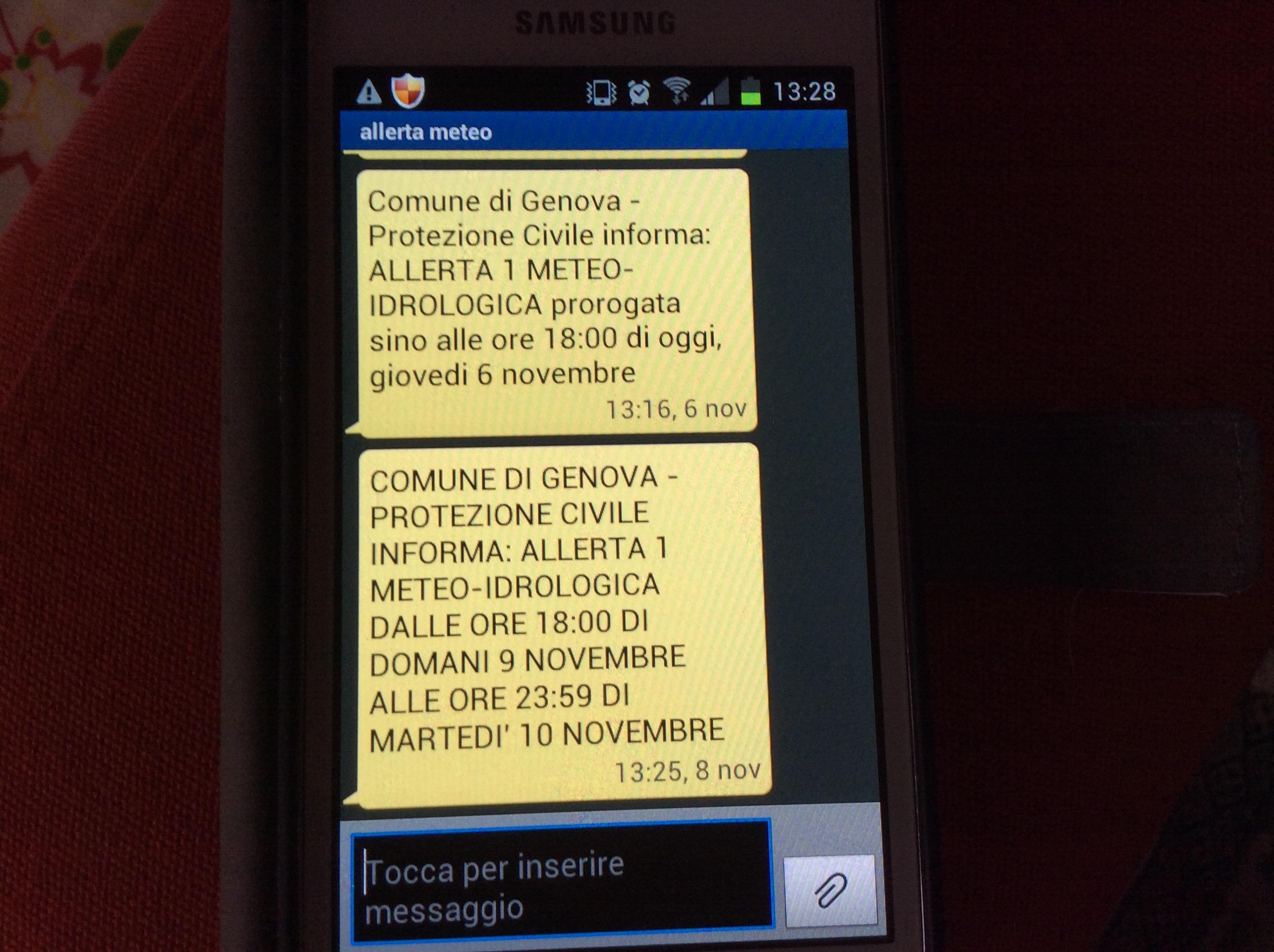  Allerta 1 dalle 18 di domani in Liguria, avviso sms del Comune di Genova con la data errata