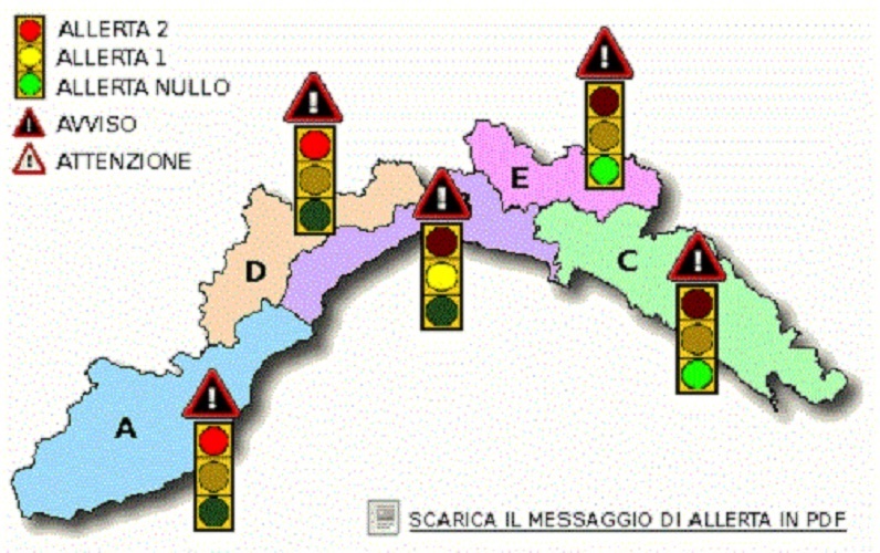 Da domani alle 15 Allerta 2 su Ponente ed entroterra Allerta 1 da Noli a Portofino