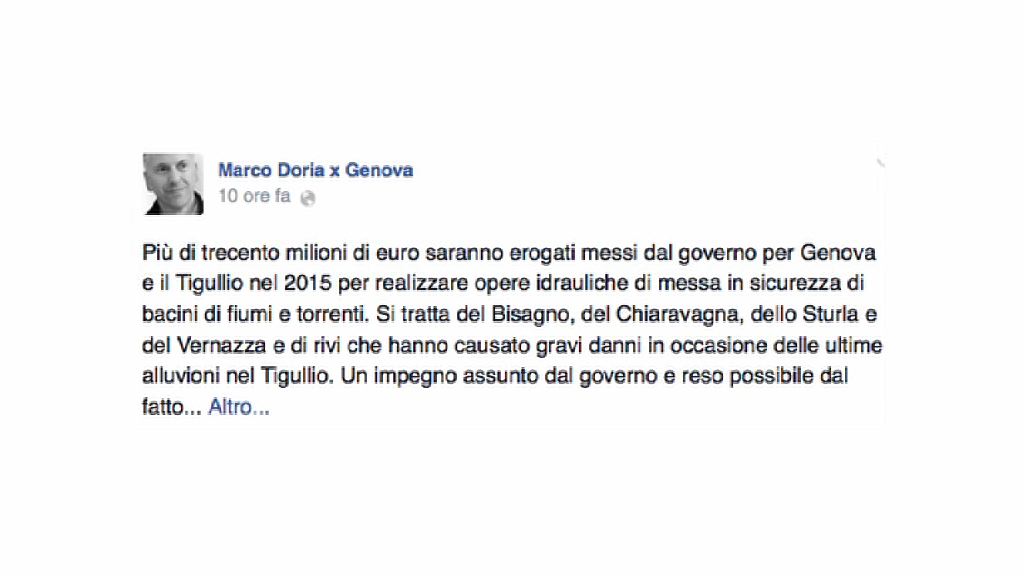 Alluvione del 9 ottobre, Doria su Facebook: 