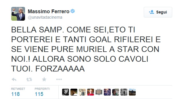 Ferrero scatenato su Eto'o e Muriel, tweet alle 5 del mattino