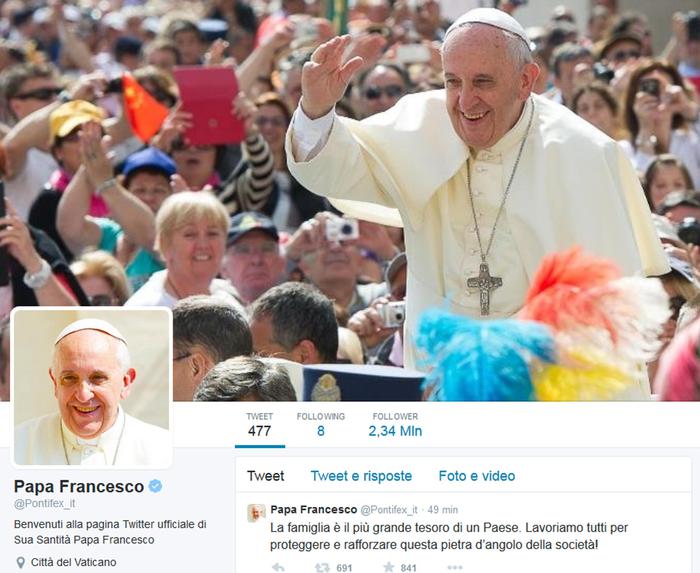 Papa: account twitter ha 19 milioni di  follower