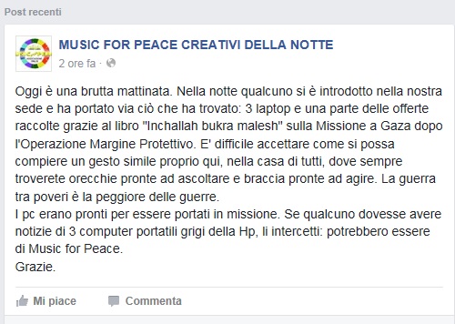 'Music for peace', furto nella sede della onlus: rubate le offerte destinate alla Striscia di Gaza