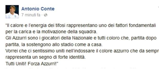 Italia, Conte su facebook scrive ai tifosi: 