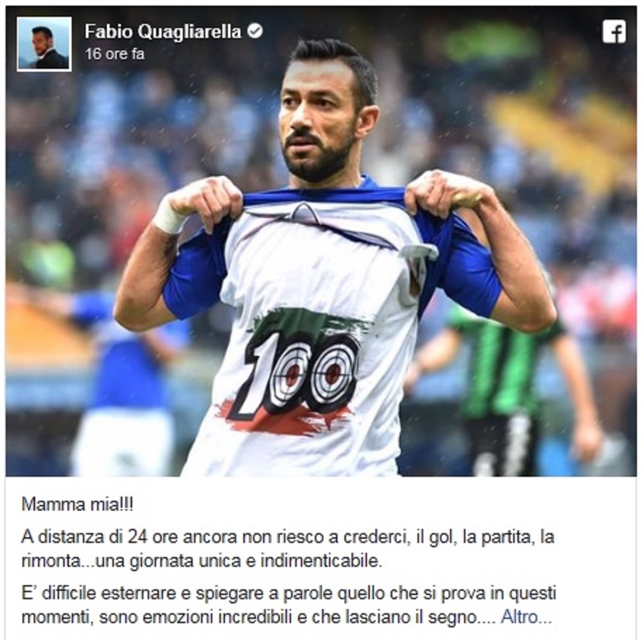 Samp, Quagliarella su Fb: 