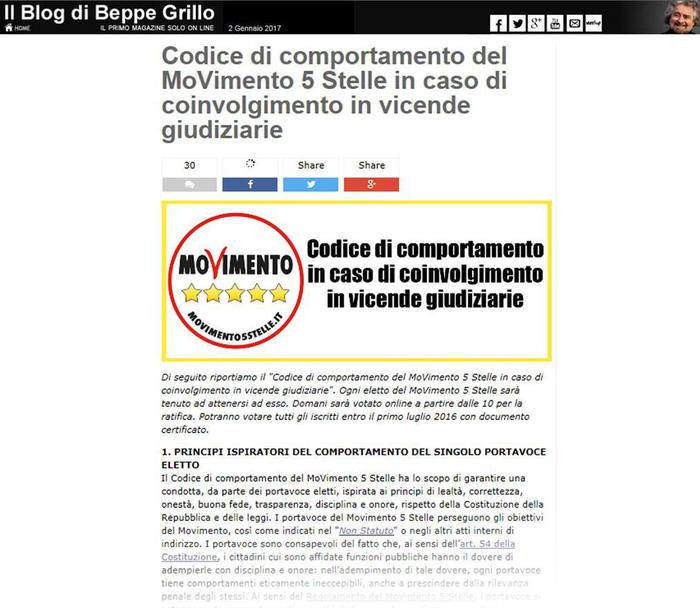 M5s, il Codice per indagati sul blog di Beppe Grillo 