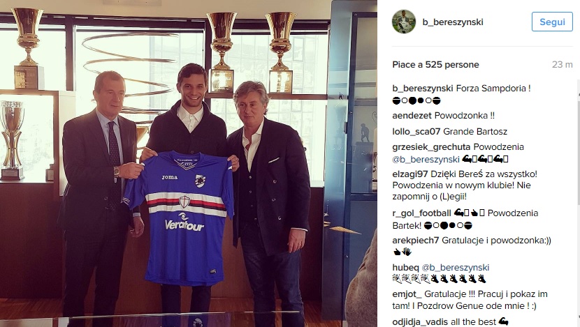 Sampdoria, ufficiale l'arrivo dell'esterno polacco Bereszynsk: per lui la maglia numero 24 