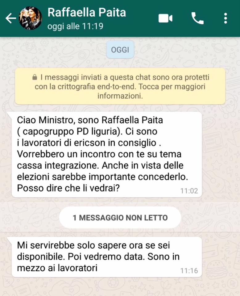 Ericsson, bufera sul Whatsapp di Paita: 