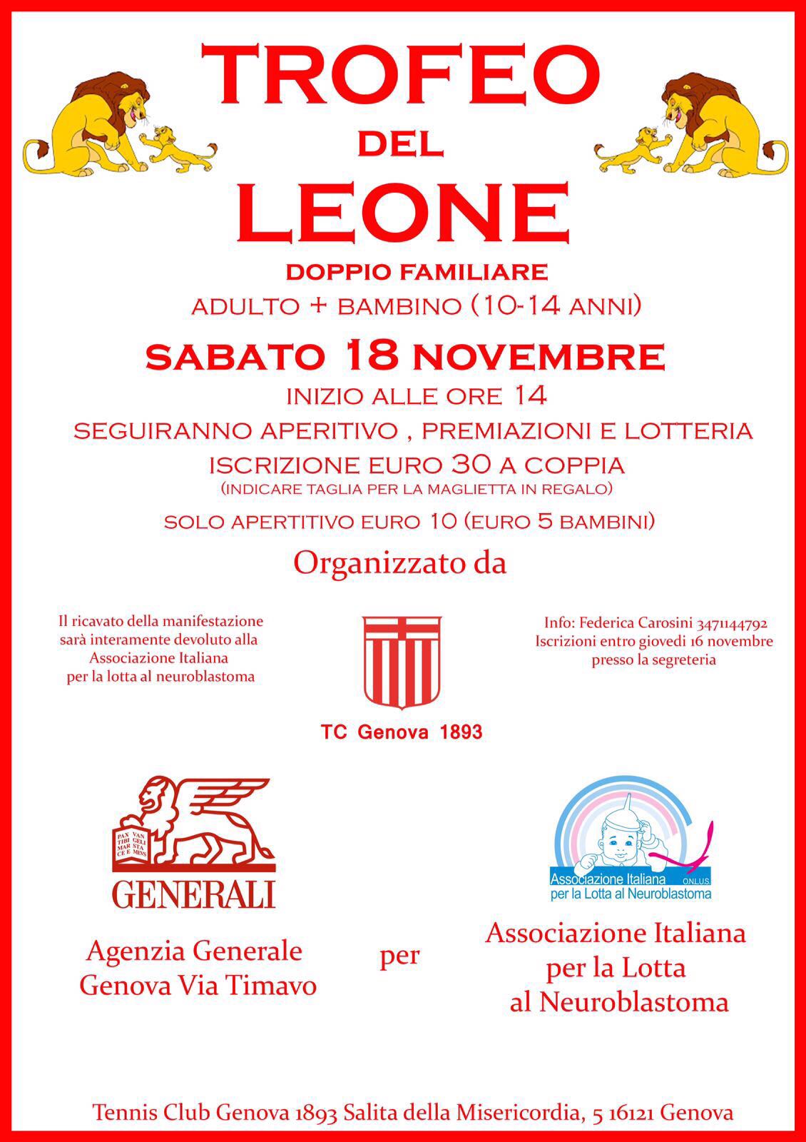 Sabato al Tennis Club Genova il primo 'Trofeo del Leone' a favore dell'associazione per la lotta al Neuroblastoma 