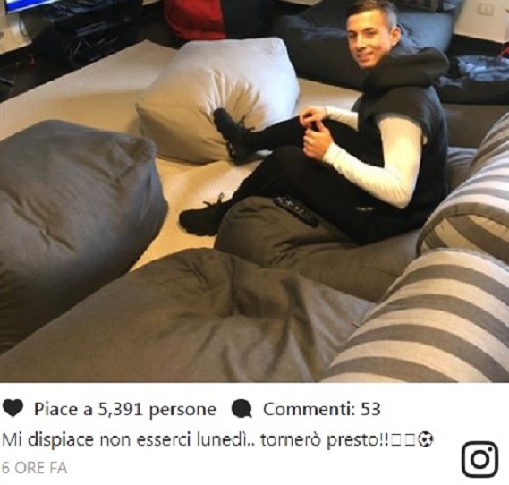 Genoa, Izzo ko: non ci sarà con la Lazio. Lui su Instagram: 