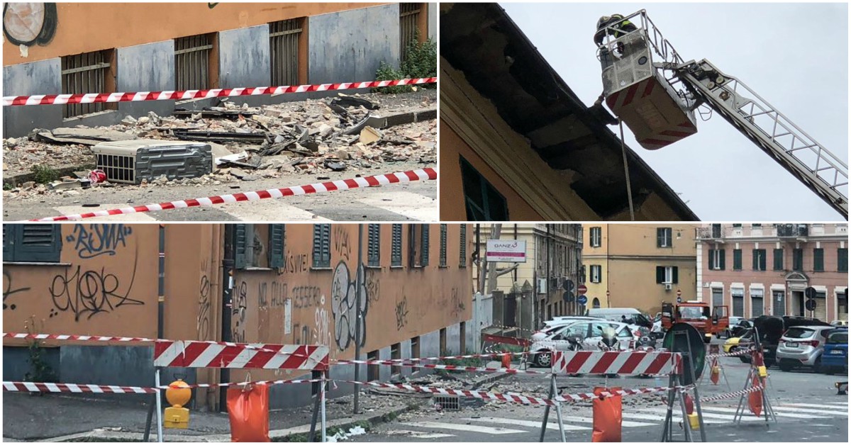 Crolla un cornicione in via Montevideo, cade anche un condizionatore