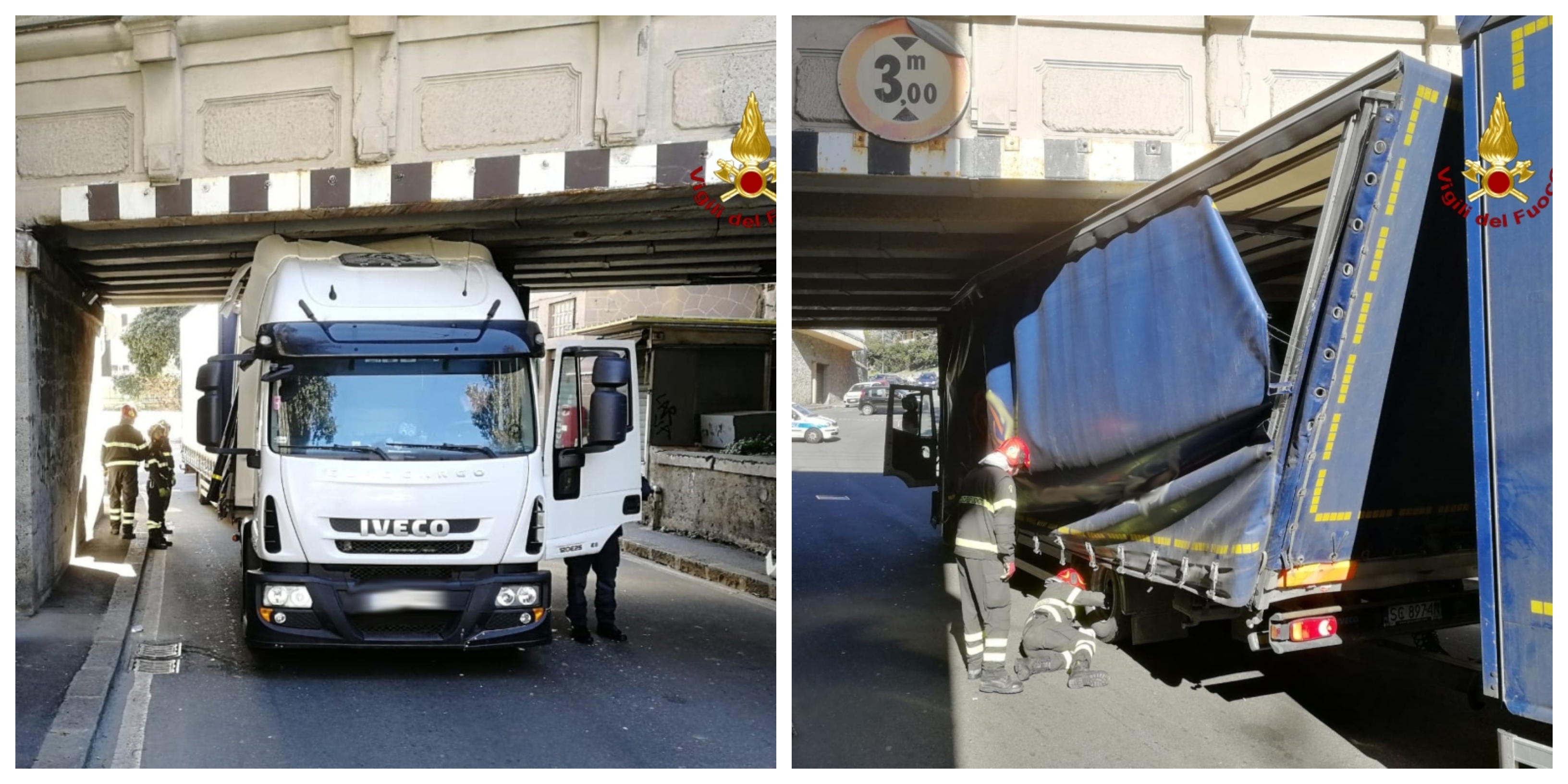 Camion si incastra sotto un cavalcavia in via Carrara, il traffico va in tilt