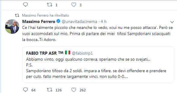 Sampdoria, scambio di oscenità su Twitter tra Ferrero e un tifoso della Roma