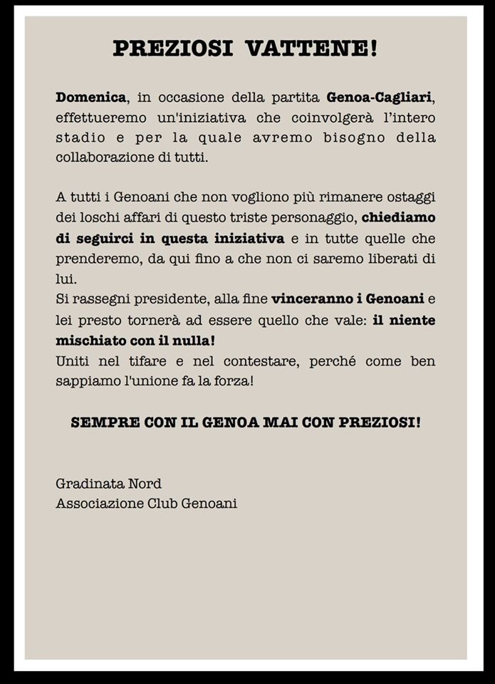 Genoa, tifosi in mobilitazione permanente contro Preziosi