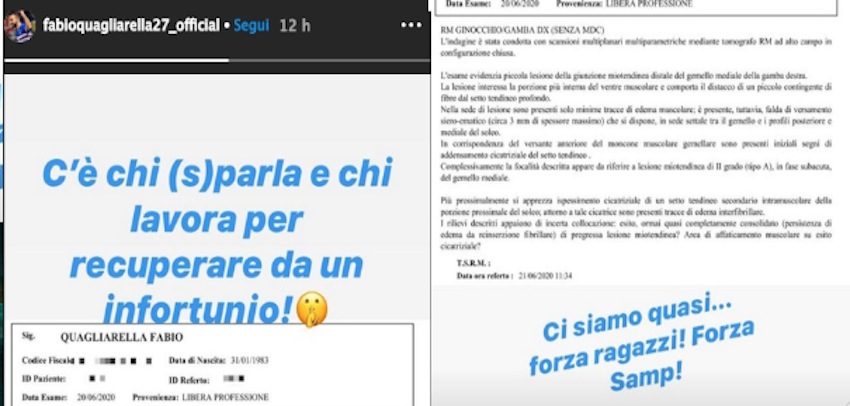 Sampdoria, Quagliarella mostra il certificato medico su Instagram