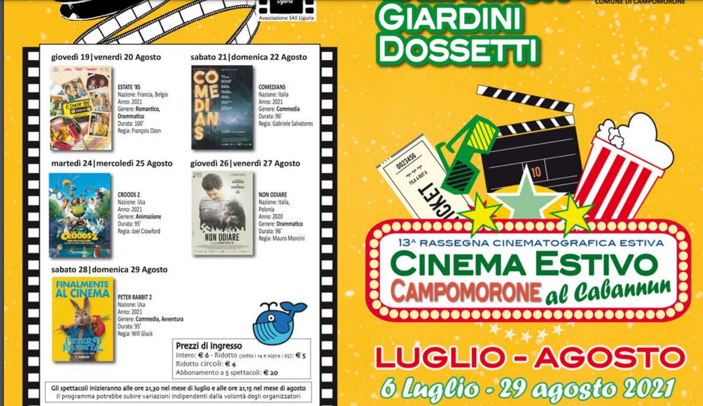 A luglio e agosto cinema protagonista a Campomorone