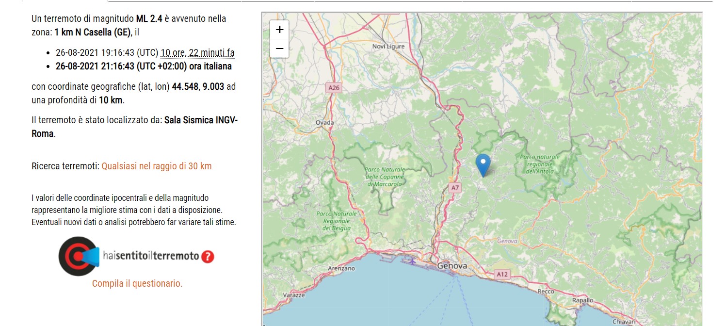 Terremoto in Liguria, sisma di magnitudo 2,4 rilevato a Casella 